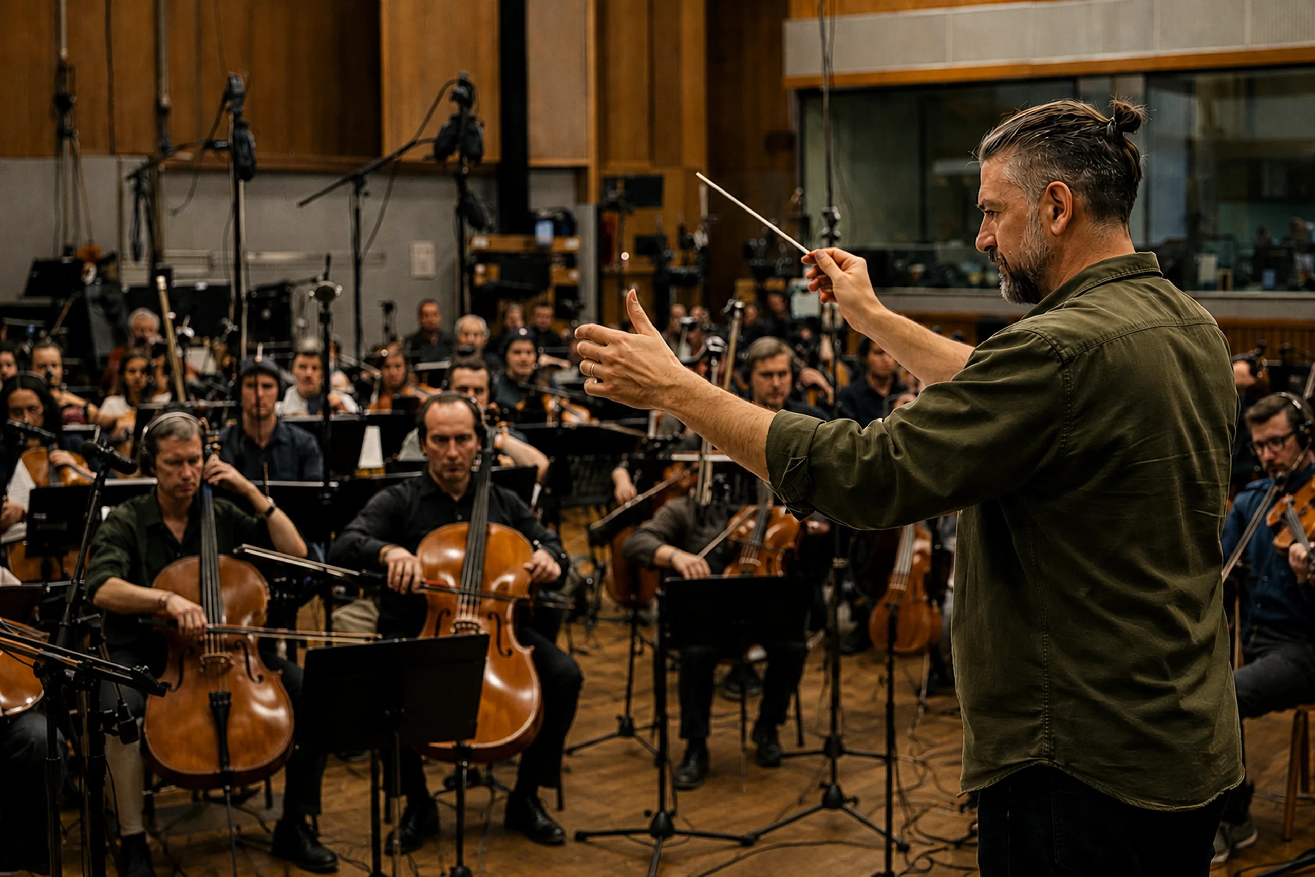 Brunello conducting a live orchestra on the scoring stage