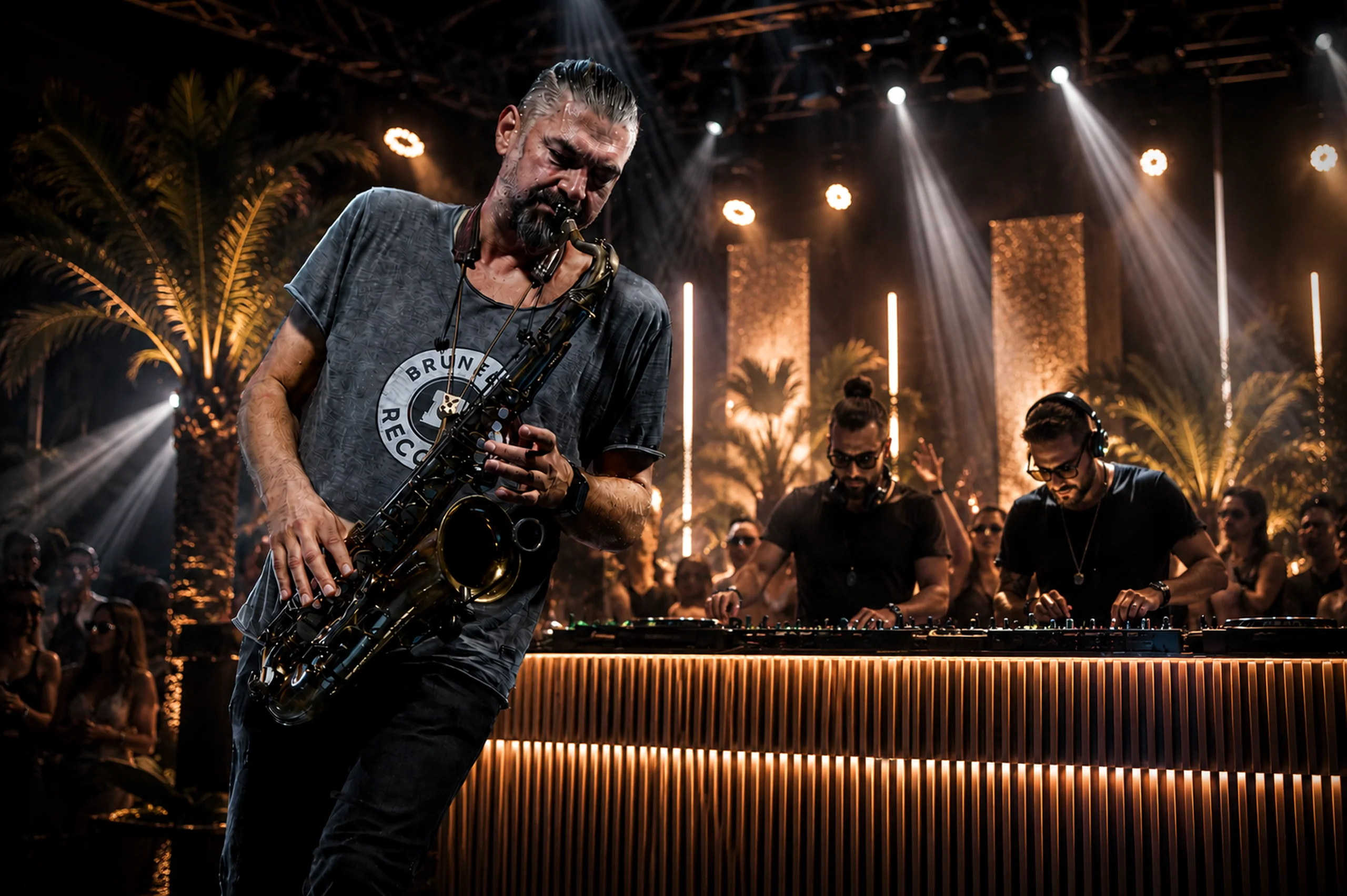 Brunello performing live on saxophone